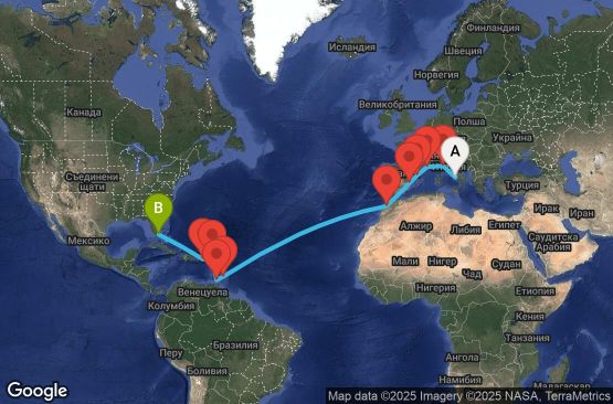 Маршрут на круиз 22 дни Италия, Франция, Испания, Мароко, Барбадос, Гренада, Нидерландски Антили, Пуерто Рико, САЩ - UVF6