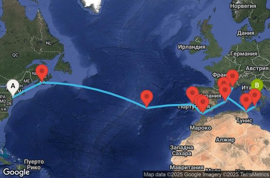 Маршрут на круиз 20 дни САЩ, Канада, Португалия, Испания, Гибралтар, Франция, Тунис, Италия - UWU6