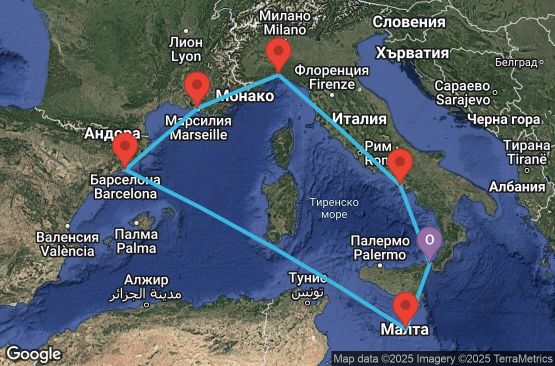 Маршрут на круиз 7 дни Италия, Малта, Испания, Франция - UW1R