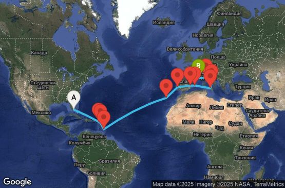 Маршрут на круиз 22 дни САЩ, Нидерландски Антили, Антигуа и Барбуда, Барбадос, Португалия, Испания, Италия, Франция - UTNY