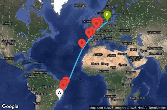 Маршрут на круиз 20 дни Бразилия, Португалия, Испания, Великобритания, Франция, Белгия, Дания - UWJZ