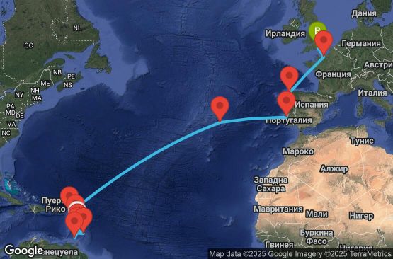 Маршрут на круиз 23 дни Мартиника, Гваделупа, Сейнт Лусия, Барбадос, Сейнт Винсент и Гренадини, Гренада, Нидерландски Антили, Португалия, Испания, Франция, Великобритания - UUEY