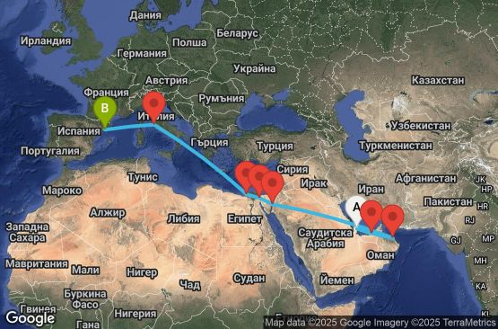 Маршрут на круиз 17 дни Катар, Обединени арабски емирства, Оман, Йордания, Египет, Италия, Испания - UVS5