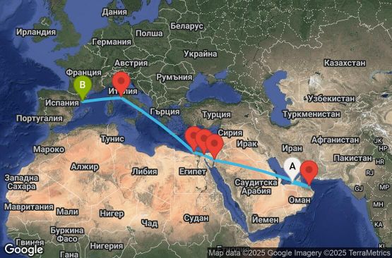 Маршрут на круиз 16 дни Обединени арабски емирства, Оман, Йордания, Египет, Италия, Испания - UVV2