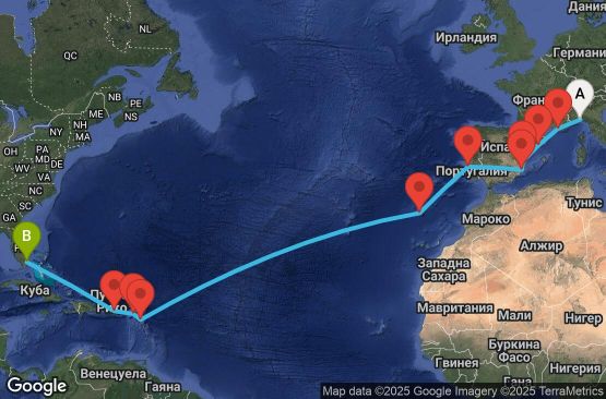 Маршрут на круиз 19 дни Италия, Франция, Испания, Португалия, Антигуа и Барбуда, Нидерландски Антили, Пуерто Рико, САЩ - UVDT