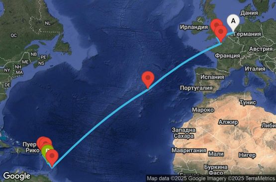 Маршрут на круиз 17 дни Нидерландия, Великобритания, Франция, Португалия, Барбадос, Сейнт Китс и Невис, Антигуа и Барбуда, Доминика, Мартиника - UWVK