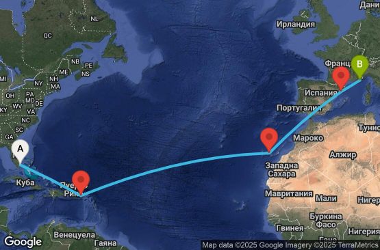 Маршрут на круиз 14 дни САЩ, Британски вирджински острови, Испания, Франция - UWCW