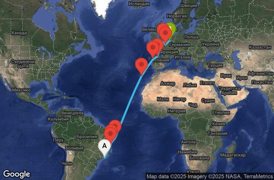 Маршрут на круиз 18 дни Бразилия, Португалия, Испания, Великобритания, Франция, Белгия - UWK3