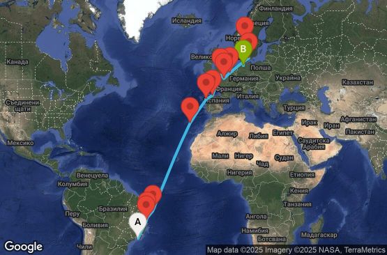 Маршрут на круиз 23 дни Бразилия, Португалия, Испания, Великобритания, Франция, Белгия, Дания, Норвегия, Германия - UWJD