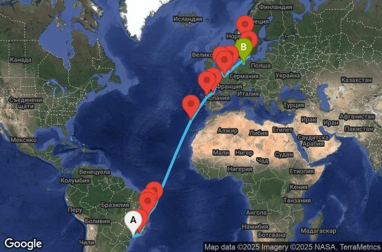 Маршрут на круиз 24 дни Бразилия, Португалия, Испания, Великобритания, Франция, Белгия, Дания, Норвегия, Германия - UWJ0