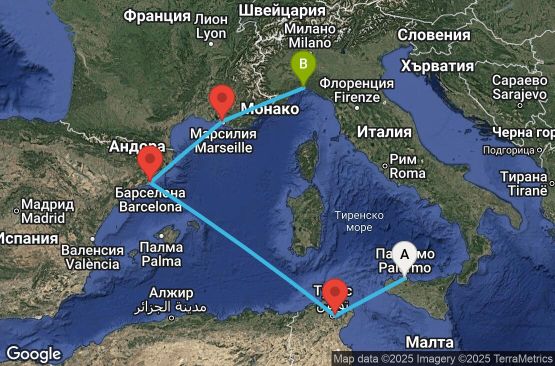 Маршрут на круиз 5 дни Италия, Тунис, Испания, Франция - UV7V