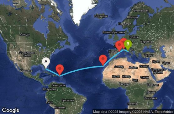 Маршрут на круиз 15 дни САЩ, Британски вирджински острови, Испания, Франция, Италия - UWCY