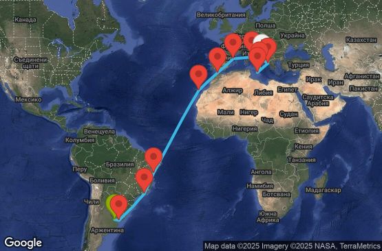 Маршрут на круиз 23 дни Италия, Гърция, Малта, Испания, Мароко, Бразилия, Уругвай, Аржентина - UWYZ