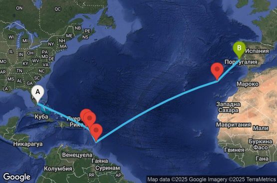 Маршрут на круиз 14 дни САЩ, Нидерландски Антили, Антигуа и Барбуда, Барбадос, Португалия - UTRL