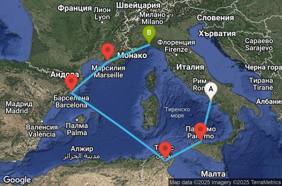 Маршрут на круиз 6 дни Италия, Тунис, Испания, Франция - UV6Y