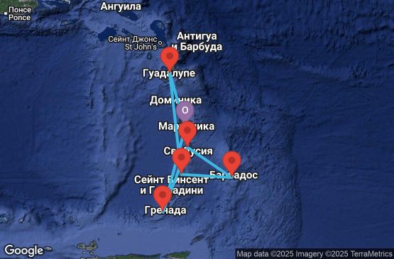 Маршрут на круиз 7 дни Мартиника, Гваделупа, Сейнт Винсент и Гренадини, Барбадос, Сейнт Лусия, Гренада - UVTF
