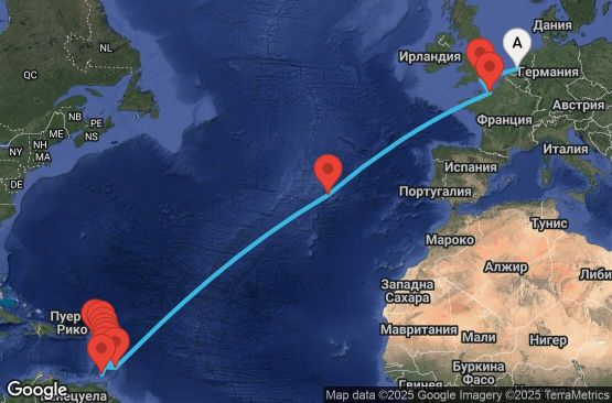 Маршрут на круиз 24 дни Нидерландия, Великобритания, Франция, Португалия, Барбадос, Сейнт Китс и Невис, Антигуа и Барбуда, Доминика, Мартиника, Гваделупа, Сейнт Винсент и Гренадини, Сейнт Лусия, Гренада - UWVF