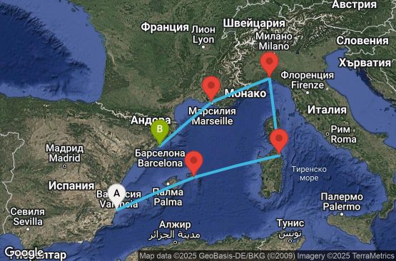 Маршрут на круиз 5 дни Испания, Италия, Франция - UVXL