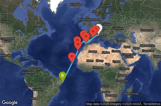 Маршрут на круиз 16 дни Италия, Франция, Испания, Португалия, Кабо Верде, Бразилия - GOA16A07