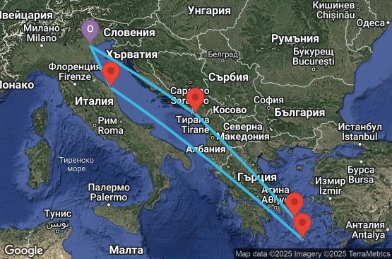 Маршрут на круиз 7 дни Италия, Черна гора, Гърция - UX17