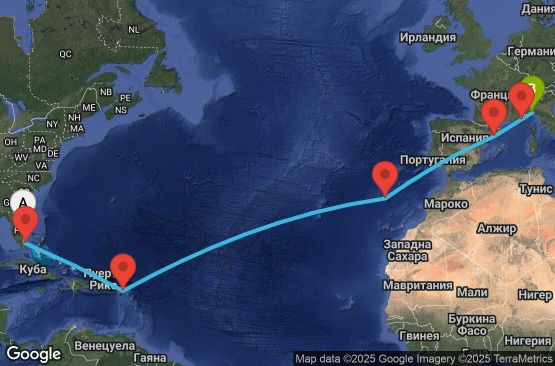 Маршрут на круиз 16 дни САЩ, Нидерландски Антили, Португалия, Испания, Франция, Италия - UX1P