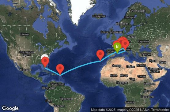 Маршрут на круиз 20 дни САЩ, Нидерландски Антили, Португалия, Испания, Франция, Италия - UX1Q
