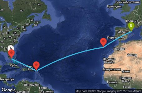 Маршрут на круиз 14 дни САЩ, Нидерландски Антили, Португалия, Испания - UX1M