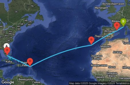 Маршрут на круиз 15 дни САЩ, Нидерландски Антили, Португалия, Испания, Франция - UX1N