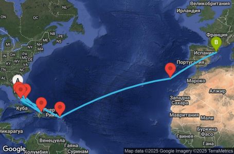 Маршрут на круиз 21 дни САЩ, Бахамските острови, Доминиканска република, Нидерландски Антили, Португалия, Испания - UX1O