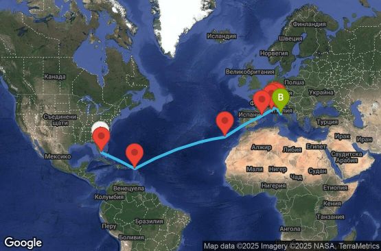 Маршрут на круиз 18 дни САЩ, Нидерландски Антили, Португалия, Испания, Франция, Италия - UX1L