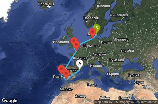 Маршрут на круиз 11 дни Испания, Португалия, Франция, Великобритания, Германия, Дания - UX2O