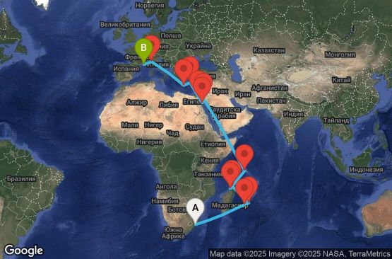 Маршрут на круиз 27 дни Южна Африка, Реюнион, Мавриций, Мадагаскар, Сейшелски острови, Йордания, Египет, Гърция, Италия, Франция - UX0E
