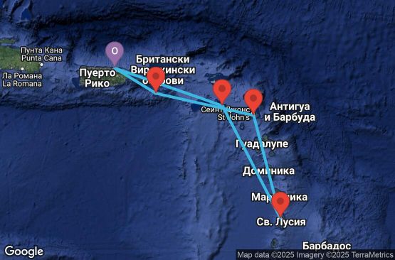 Маршрут на круиз 6 дни Пуерто Рико, Вирджински острови на САЩ, Антигуа и Барбуда, Сейнт Лусия, Сейнт Китс и Невис - 06D067