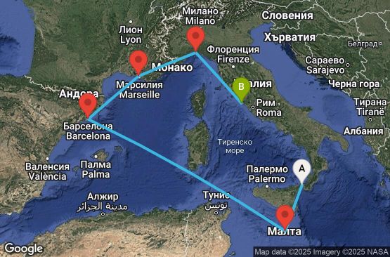 Маршрут на круиз 6 дни Италия, Малта, Испания, Франция - UX6Q