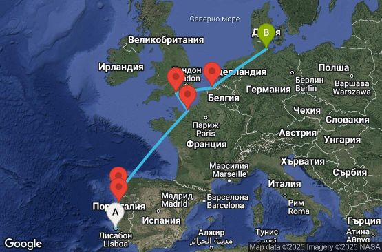 Маршрут на круиз 9 дни Португалия, Испания, Франция, Великобритания, Белгия, Германия - LIS09A08