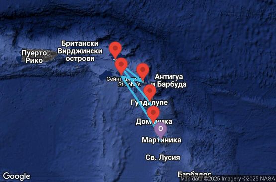 Маршрут на круиз 7 дни Мартиника, Гваделупа, Нидерландски Антили, Антигуа и Барбуда, Сейнт Китс и Невис, Доминика - UX87