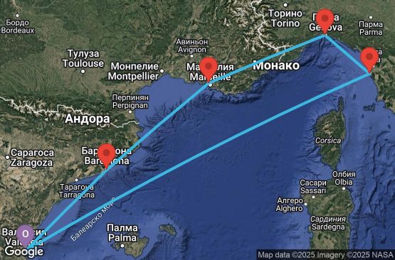 Маршрут на круиз 6 дни Испания, Франция, Италия - UXBH