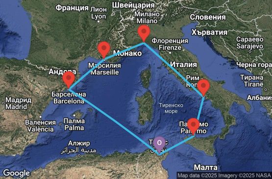 Маршрут на круиз 7 дни Тунис, Испания, Франция, Италия - UXAF