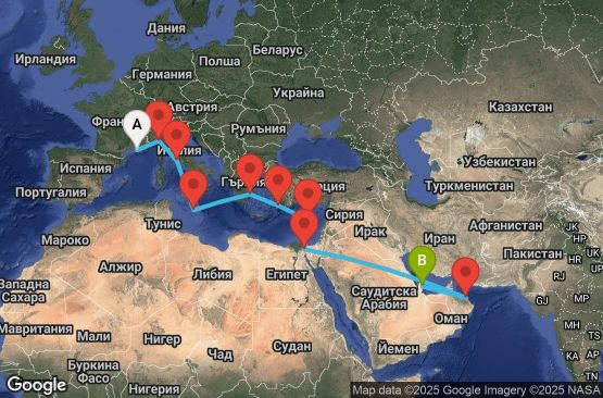 Маршрут на круиз 19 дни Франция, Италия, Малта, Гърция, Кипър, Египет, Оман, Катар - UX7J