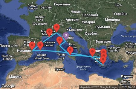 Маршрут на круиз Italy, Spain, Balearic Islands, Greece - CIV14A24