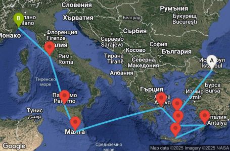 Маршрут на круиз Turkey, Greece, Malta, Italy - IST10A0B