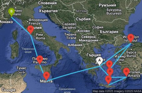 Маршрут на круиз Greece, Turkey, Malta, Italy - ATH12A0B
