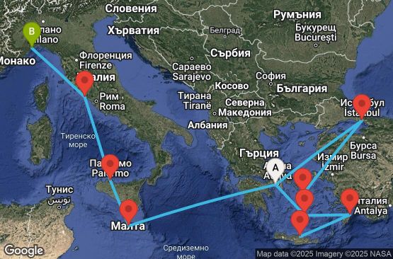 Маршрут на круиз Greece, Turkey, Malta, Italy - ATH12A0B