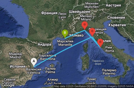Маршрут на круиз 5 дни Испания, Италия, Франция - UW4Q