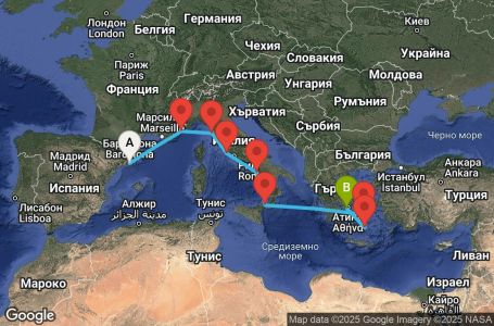 Маршрут на круиз 9 дни Гръцки острови, Италия и Франция - SKYM09CNNBCNPIR