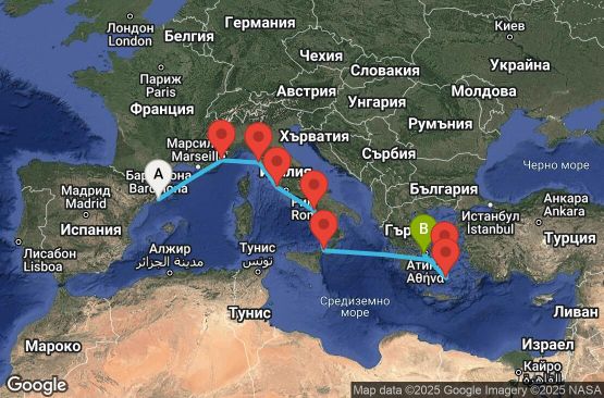 Маршрут на круиз 9 дни Гръцки острови, Италия и Франция - SKYM09CNNBCNPIR