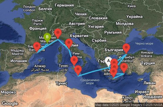 Маршрут на круиз 14 дни Гърция, Турция, Малта, Италия, Испания, Франция - ATH14A0G