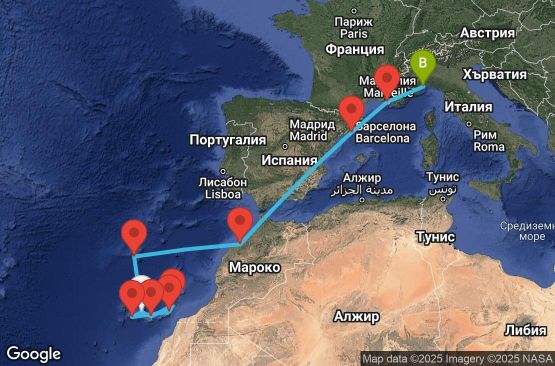 Маршрут на круиз 12 дни Испания, Португалия, Мароко, Франция, Италия - TCI12A04