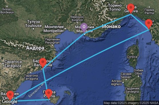 Маршрут на круиз 7 дни Франция, Италия, Испания - UXBR