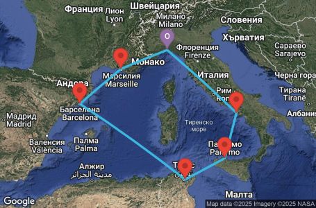 Маршрут на круиз 7 дни Италия, Тунис, Испания, Франция - UXHL